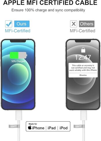 iPhone 14 13 12 Fast Charger,[Apple MFi Certified] 20W USB C Apple Fast Charger Wall Charge Block Plug with 10FT Type-C to Lightning Fast Charging Data Sync Cord for iPhone14 13 12 11 Xs Xr X (2Pack) in Kuwait