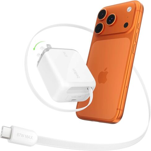 Belkin USB C Retractable Wall Charger, 67W Max GaN Fast Charging Block w/Built-in, Extra-Long 3.3ft Retractable Cable - iPhone Charger for iPhone 17/16 Series, Galaxy, MacBook, AirPods, iPad, & More in Kuwait