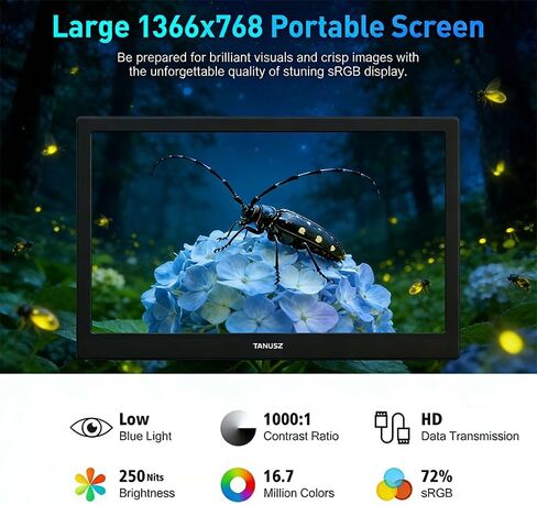 شاشة PJGCWB 15.6 بوصة محمولة 1366 * 768 HD USB-C HDMI شاشة خارجية ثانية لأجهزة الكمبيوتر المحمول والكمبيوتر الشخصي وهواتف Mac وPS وXbox وSwich وIPS شاشة ألعاب رفيعة للغاية بدون إطار (بوصة، 15.6) in Kuwait