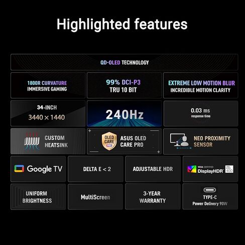 شاشة الألعاب ASUS ROG Strix مقاس 34 بوصة OLED منحنية فائقة الاتساع (XG34WCDMTG) - 240 هرتز، 0.03 مللي ثانية، متوافقة مع FreeSync وGSYNC، WiFi 6، NVIDIA GeForce Now، Dolby Vision، Dolby Atmos in Kuwait