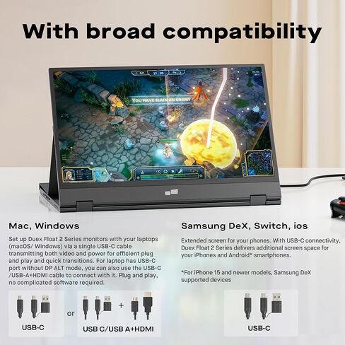 شاشة كمبيوتر محمول محمولة من Mobile Pixels Duex Float 2 Pro مقاس 16 بوصة 2.5K، موسع شاشة كمبيوتر محمول مزدوج رفيع للغاية مع مسند مدمج، قابس وتشغيل USB-C/HDMI، مكبرات صوت مدمجة، لأجهزة Mac، Windows، الهاتف in Kuwait