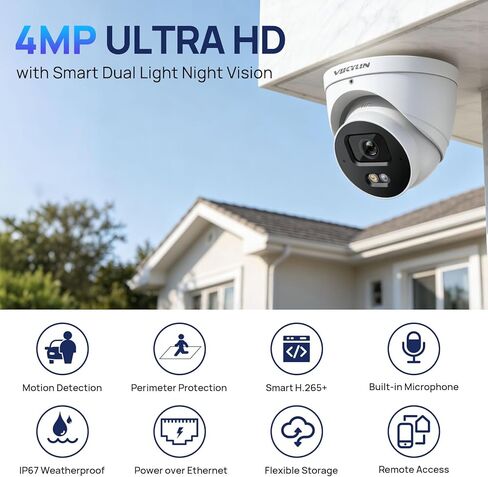 كاميرا VIKYLIN بدقة 4 ميجابكسل PoE IP مع حماية محيطية، رؤية ليلية ذكية ذات لون فاتح مزدوج 98 قدمًا، اكتشاف المركبات البشرية، ميكروفون مدمج، IP67 مقاوم للماء، فتحة بطاقة MicroSD مدمجة in Kuwait
