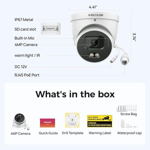 كاميرا VIKYLIN بدقة 4 ميجابكسل PoE IP مع حماية محيطية، رؤية ليلية ذكية ذات لون فاتح مزدوج 98 قدمًا، اكتشاف المركبات البشرية، ميكروفون مدمج، IP67 مقاوم للماء، فتحة بطاقة MicroSD مدمجة in Kuwait