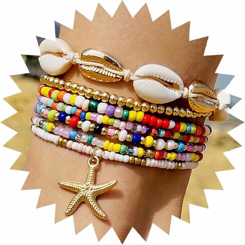 Bohemian 7 PCS Colorful Beaded Seashell Starfish Anklet Set Beach Inspired Foot Jewelry for Women Summer Ankle Bracelets Adjustable Ankle Accessories in Saudi Arabia