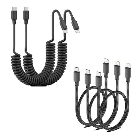 كابل USB C إلى Lightning بطول 1.5 قدم 3 عبوات وسلك USBC ملفوف إلى سلك الإضاءة بطول 3 أقدام لهاتف iPhone Fast Charing 2.4A CarPlaly in Kuwait