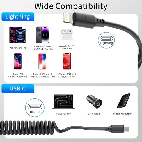 كابل USB C إلى Lightning بطول 1.5 قدم 3 عبوات وسلك USBC ملفوف إلى سلك الإضاءة بطول 3 أقدام لهاتف iPhone Fast Charing 2.4A CarPlaly in Kuwait