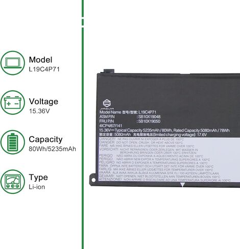 L19C4P71 SB10X19048 5B10X19050 Laptop Battery Replacement for Lenovo ThinkPad P1 X1 Extreme 3rd Gen 2020 Series Notebook L19M4P71 SB10X19047 5B10X19049 15.36V 80Wh 5235mAh in Kuwait