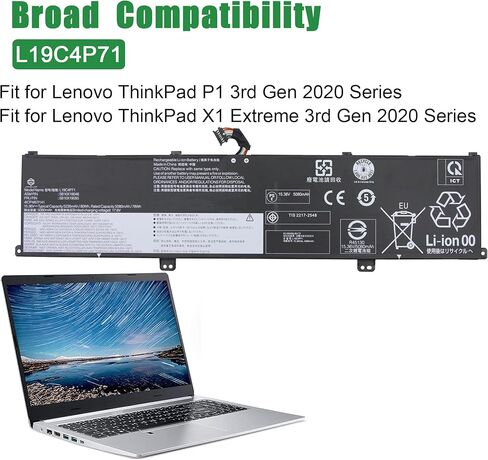 L19C4P71 SB10X19048 5B10X19050 Laptop Battery Replacement for Lenovo ThinkPad P1 X1 Extreme 3rd Gen 2020 Series Notebook L19M4P71 SB10X19047 5B10X19049 15.36V 80Wh 5235mAh in Kuwait