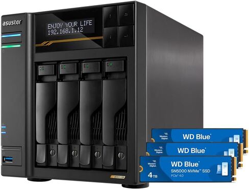 Asustor Lockerstor 4 Gen3 AS6804T with 2 x 4TB SSD (WDS400T4B0E), 4 Bay NAS, AMD Ryzen Quad-Core 2.3GHz, 16GB ECC DDR5, 4 M.2 NVMe Slots, Dual 5GbE & 10GbE Port, Network Attached Storage in Saudi Arabia