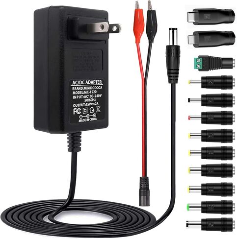 15V 2A Power Supply Charger with 12 Adapter Plugs (Input AC 100V-240V, Output DC 15 Volt 2 Amp 30 Watt) Adapter Switching Transformer Converter DC 5.5mm x 2.1mm / 5.5mm x 2.5mm Universal in Saudi Arabia