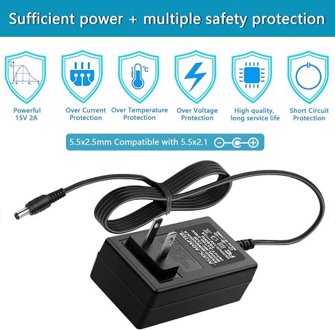 15V 2A Power Supply Charger with 12 Adapter Plugs (Input AC 100V-240V, Output DC 15 Volt 2 Amp 30 Watt) Adapter Switching Transformer Converter DC 5.5mm x 2.1mm / 5.5mm x 2.5mm Universal in Saudi Arabia