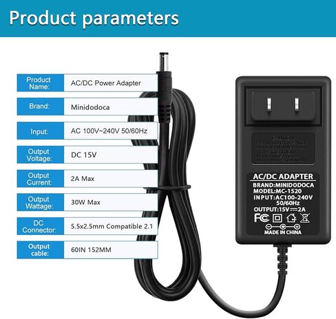 15V 2A Power Supply Charger with 12 Adapter Plugs (Input AC 100V-240V, Output DC 15 Volt 2 Amp 30 Watt) Adapter Switching Transformer Converter DC 5.5mm x 2.1mm / 5.5mm x 2.5mm Universal in Saudi Arabia