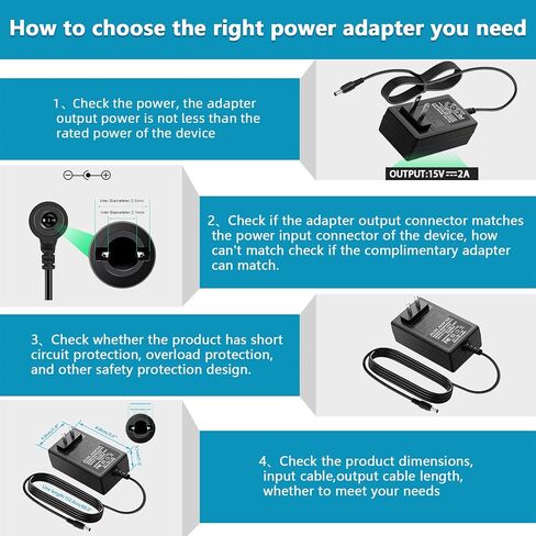 15V 2A Power Supply Charger with 12 Adapter Plugs (Input AC 100V-240V, Output DC 15 Volt 2 Amp 30 Watt) Adapter Switching Transformer Converter DC 5.5mm x 2.1mm / 5.5mm x 2.5mm Universal in Saudi Arabia