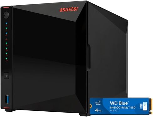 Asustor AS5404T, 4 Bay NAS with 4 x 4TB SSD (WDS400T4B0E), Intel Quad-Core 2.0GHz CPU, 4X M.2 NVMe SSD Slots, 2 x 2.5 GbE Ports, 4 GB DDR4 RAM, for Gaming and Live Stream, Network Attached Storage in Saudi Arabia