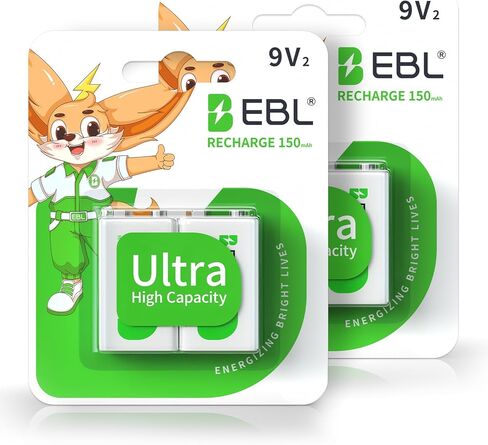 EBL 9V Rechargeable Batteries, 150mAh Ni-MH, 4-Pack - Long-Lasting 9 Volt Batteries for Smoke Detectors, Toys, and Electronics in Kuwait