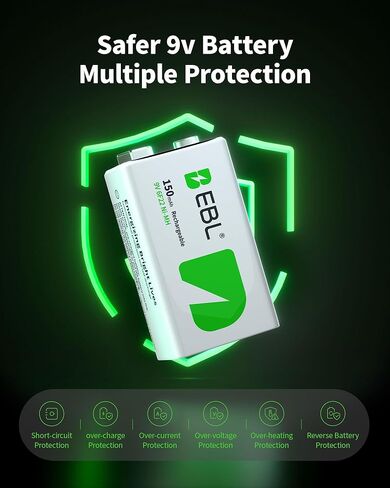 EBL 9V Rechargeable Batteries, 150mAh Ni-MH, 4-Pack - Long-Lasting 9 Volt Batteries for Smoke Detectors, Toys, and Electronics in Kuwait