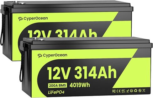 12V 314Ah LiFePO4 Battery 2 PACK, 4019Wh Deep Cycle Lithium Battery with 200A Smart BMS, 1.5H Fast Charge, Grade A Cells, IP65 Waterproof, 4S4P Expandable for RV, Solar, Marine and Off-Grid in Kuwait
