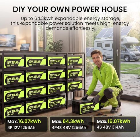 12V 314Ah LiFePO4 Battery 2 PACK, 4019Wh Deep Cycle Lithium Battery with 200A Smart BMS, 1.5H Fast Charge, Grade A Cells, IP65 Waterproof, 4S4P Expandable for RV, Solar, Marine and Off-Grid in Kuwait