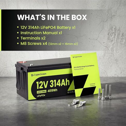 12V 314Ah LiFePO4 Battery 2 PACK, 4019Wh Deep Cycle Lithium Battery with 200A Smart BMS, 1.5H Fast Charge, Grade A Cells, IP65 Waterproof, 4S4P Expandable for RV, Solar, Marine and Off-Grid in Kuwait
