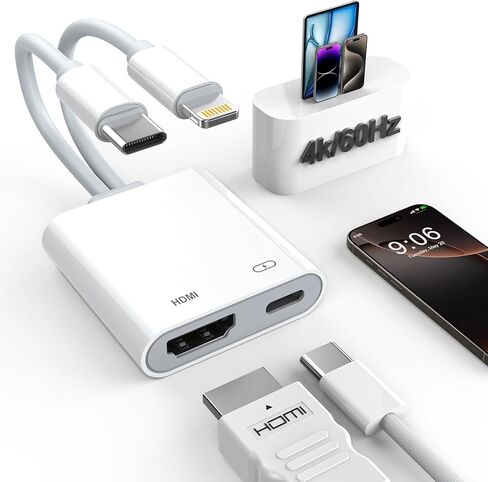 [Apple MFi Certified] Lightning & USB-C to HDMI Adapter, 4K@60Hz Digital AV Adapter for iPhone & iPad to TV, Monitor or Projector, Screen Mirroring Play & Plug, for MacBook iPhone iPad Galaxy Pixel in Kuwait