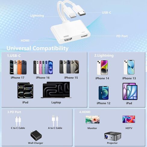 [Apple MFi Certified] Lightning & USB-C to HDMI Adapter, 4K@60Hz Digital AV Adapter for iPhone & iPad to TV, Monitor or Projector, Screen Mirroring Play & Plug, for MacBook iPhone iPad Galaxy Pixel in Kuwait