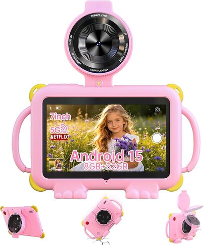 PEICHENG Tablet for Kids, 7Inch IPS Display, (3+5GB) RAM+32GB ROM+1TB Expand, Shockproof Case with Handles, Parental Control, Educational Entertainment Apps, Dual Cameras (90° Rotatable Lens) (Pink) in Saudi Arabia