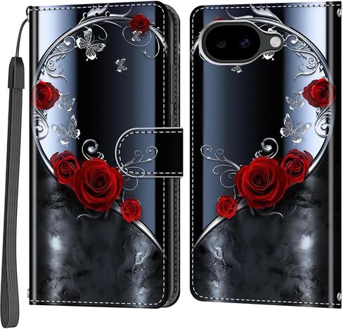 Case Wallet for Google Pixel 10a, [Kickstand] 3 Card Holder Stand [Shockproof TPU Interior Shell], PU Leather Magnetic Protective Flip Cover, Black Flower in Saudi Arabia