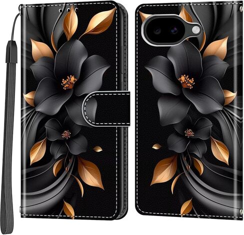 Case Wallet for Google Pixel 10a, [Kickstand] 3 Card Holder Stand [Shockproof TPU Interior Shell], PU Leather Magnetic Protective Flip Cover, Black Flower in Saudi Arabia
