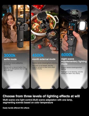 ضوء لـ DJI Osmo Pocket 3، ملحقات Gimbal Osmo Pocket 3 للمتابعة التلقائية، CRI≥95، درجة حرارة 3 ألوان 3000-6000K إضاءة LED قابلة للتعديل، شحن USB-C in Kuwait