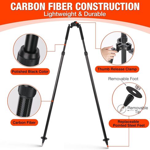 Premium Carbon Fiber Surveying Bipod for Total Station Surveying Equipment - Lightweight Telescoping Bipod with Thumb Release & Removable Foot (3.5-6 ft), Fits 25-38mm Pole - Includes Soft Case, Black in Kuwait
