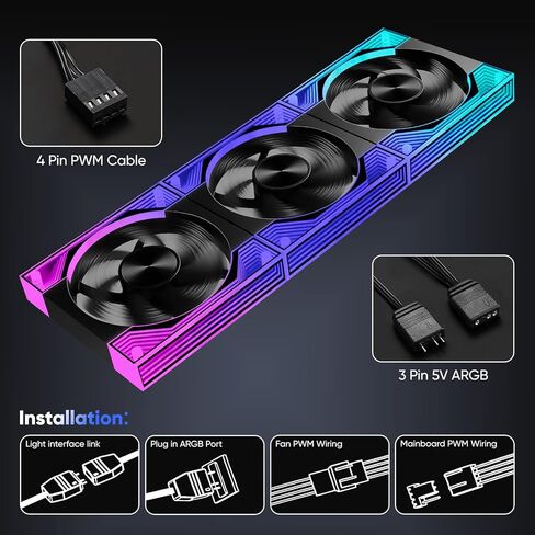 120mm PC Fan 3-Pack Forward ARGB Fans, Infinity Mirror Lighting High Airflow PWM Computer Fan for PC Case, 5V 3-Pin ARGB Sync Ultra Quiet Cooling Fan with Damping Design in Kuwait