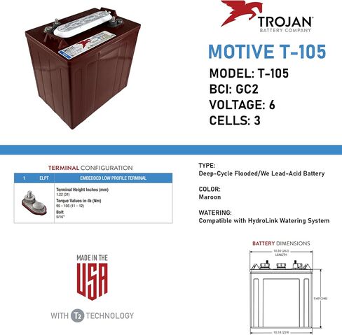 بطارية تروجان T-105 (T105) 6 فولت 225 أمبير/ساعة مغمورة ذات دورة عميقة | عربة جولف، طاقة متجددة، منظف الأرضيات، الاستخدام الصناعي (عبوة من 6 قطع) in Kuwait