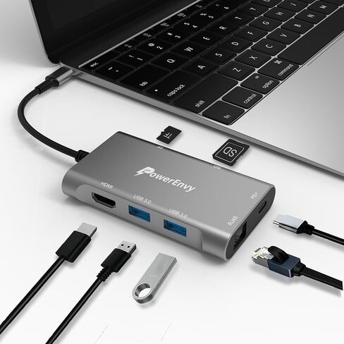 USB C HUB، محول USB 7 في 1، محور بيانات متعدد المنافذ مع 60 وات من النوع C شحن 5 جيجابت في الثانية 2 USB A 4K HDMI 1000M Ethernet TF/MicroSD منفذ نقل البيانات لأجهزة MacBook، iPad Pro/Air، XPS، MateBook، المزيد in Kuwait