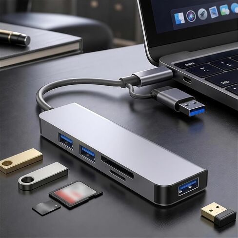 8-in-1 USB 3.0 Hub & Multi-Function Card Reader, 2-in-1 Port Splitter, Type-C & USB Multiport Adapter Dock for Laptop, PC, Computer in Kuwait