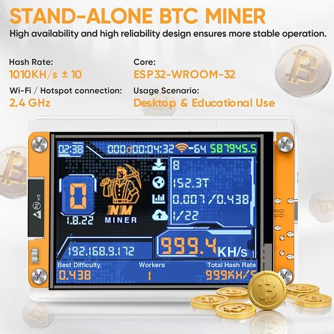 Bitcoin Miner BTC V2 NMMiner - 1010 H/s Hashrate، عامل تعدين التشفير لـ ESP32 2.8 بوصة لوحة تطوير العرض الذكية، سطح المكتب Solo Lucky Miner - أصفر in Kuwait
