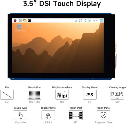 شاشة Waveshare 3.5 بوصة DSI تعمل باللمس بالسعة، لمسة 5 نقاط، 480 × 800 بكسل، لوحة عرض IPS، تدعم لوحات سلسلة Raspberry Pi in Kuwait