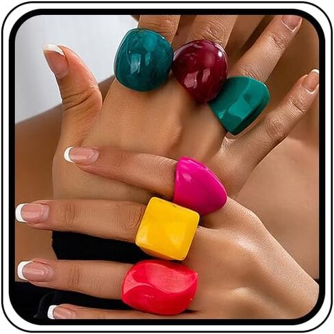 6pcs حلقات راتنج راتنج ملونة مكتنزة للنساء Y2K غير منتظم أكريليك ميدي ميدي حلقة أزياء قوس قزح مربع العبارة حزمة المجوهرات الأصابع in Saudi Arabia