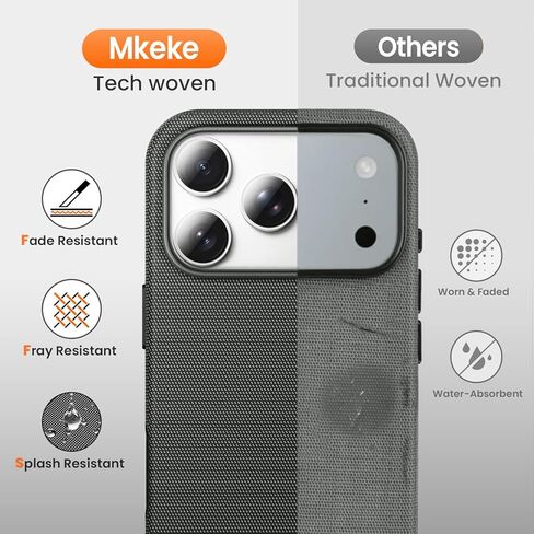 حافظة Mkeke لهاتف iPhone 17 Pro Max منسوجة باللون الأسود، [متوافقة مع MagSafe] [غطاء التحكم في الكاميرا] [قماش منسوج عالي الجودة] [حماية من السقوط] مقاوم للصدمات وصديق للبشرة in Kuwait