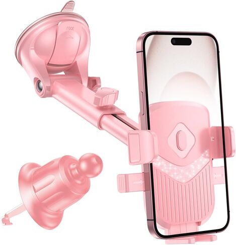 Car Phone Holder, 360° Adjustable Strongest Suction Vehicle Dashboard Windshield Cell Phone Stand with Hook Clip, Automotive Air Vent Smartphones Mount, Universal Fit (Pink) in Kuwait