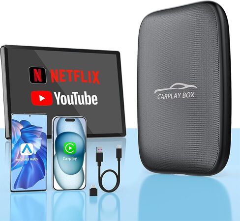 2026 New Wireless CarPlay Adapter Support Netflix/YouTube/TF, 5-in-1 Android Auto & Carplay Adapter with USB-A and USB-C Cables,Convert Wired to Wireless Apple Dongle, Video Box Car Play for iOS 10+ in Kuwait