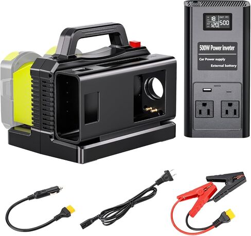 عاكس موجة جيبية نقية متوافق مع بطارية Ryobi 18 فولت، 2 في 1 500 وات 4 منافذ مولد شاحن بطارية تيار مستمر 20 فولت إلى تيار متردد * 2 منافذ، قابس شاحن سيارة 120 فولت، USB ونوع C (الأداة فقط) in Kuwait