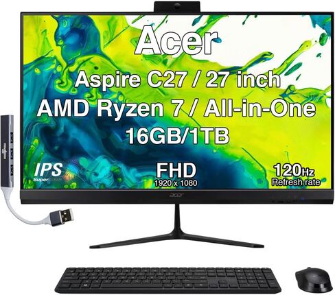 كمبيوتر مكتبي Acer Aspire 27 الكل في واحد، شاشة IPS FHD مقاس 27 بوصة، AMD Ryzen 7 5825U (Ryzen 7 5000 Series)، 16 جيجابايت DDR4، 1 تيرابايت SSD، Wi-Fi 6E، كاميرا ويب، بلوتوث 5.3، Windows 11 Pro، مع موسع منفذ USB DKZ in Kuwait