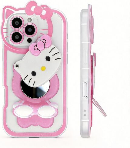Anime Cat Case for iPhone 17 Pro Max 6.9'',Phone Holder Stand with Makeup Mirror, Kawaii Phone Cases, Cool Unique Protective Cover for Women (0, Pink, 17 PM) in Kuwait