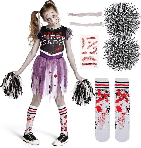 إبداعات spooktacular Zombie Halloween Cheerleader Coftume ، Girls Chospelless Assume ، اطفان موت للتشجيع لحفلات الهالوين ، تلعب الحفلات ، Red Black ، L. in Saudi Arabia