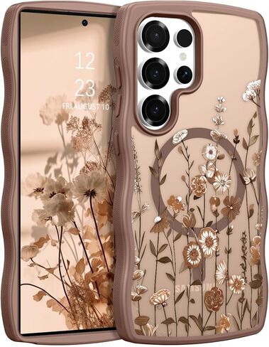 GUAGUA for Samsung Galaxy S26 Ultra Case, Magnetic Cases Cute Flower Pattern Wavy Edge Full Camera Protection Anti-Slip Bumper Women Girls Boys Slim Protective Phone Case for Galaxy S26 Ultra, Brown in Kuwait