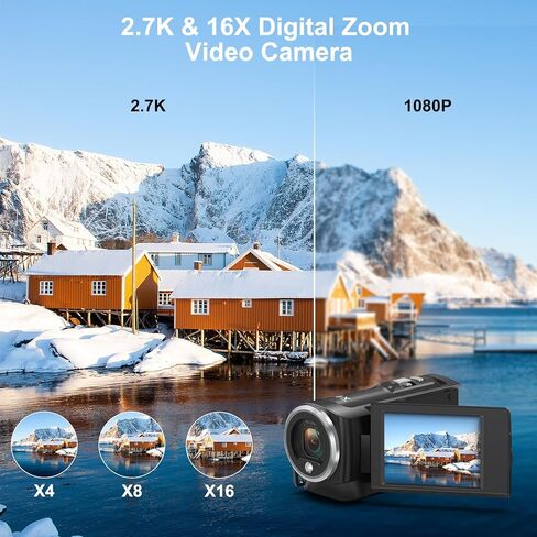 LOENTIR Camcorder Video Camera QHD 2.7K 50MP 16X Digital Zoom Vlogging Camera with LED Fill Light for YouTube, 2.8 Inch 270 Degree Rotation LCD Screen Camcorder with 32GB SD Card and Two Batteries in Kuwait