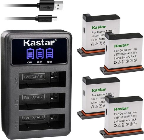 Kastar 1 Pack Battery and LCD Triple USB Charger Compatible with DJI AB1 and DJI OSMO 4K Waterproof WiFi HDR Video 145° Angle Black, DJI Osmo Action - 4K Action Cam 12MP Digital Camera in Kuwait