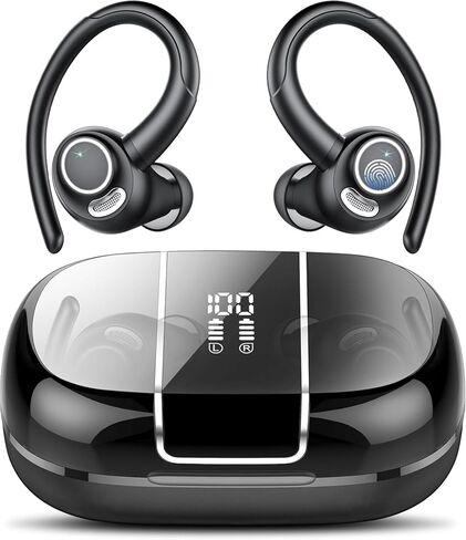 Wireless Earbuds Bluetooth 5.3 Headphones Sports, Bluetooth Earbuds with ENC Mic, Stereo Bass Over Ear Bud with Earhooks, LED Display, IP7 Waterproof Earphon for Workout in Kuwait