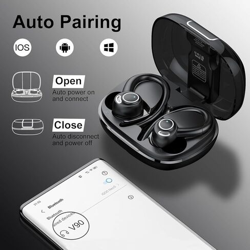Wireless Earbuds Bluetooth 5.3 Headphones Sports, Bluetooth Earbuds with ENC Mic, Stereo Bass Over Ear Bud with Earhooks, LED Display, IP7 Waterproof Earphon for Workout in Kuwait