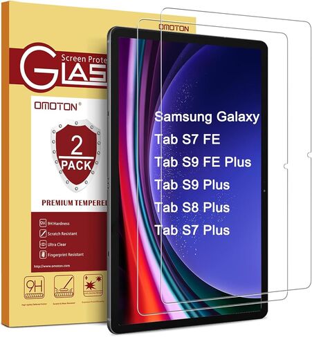 واقي شاشة OMOTON لهاتف Samsung Galaxy Tab S7 FE 5G/Tab S9 Plus 2023/Tab S9 FE Plus/Tab S8 Plus 5G/Tab S7 Plus، [عبوة من قطعتين] / إطار محاذاة / إطار محاذاة / زجاج مقسى (12.4 بوصة) in Kuwait